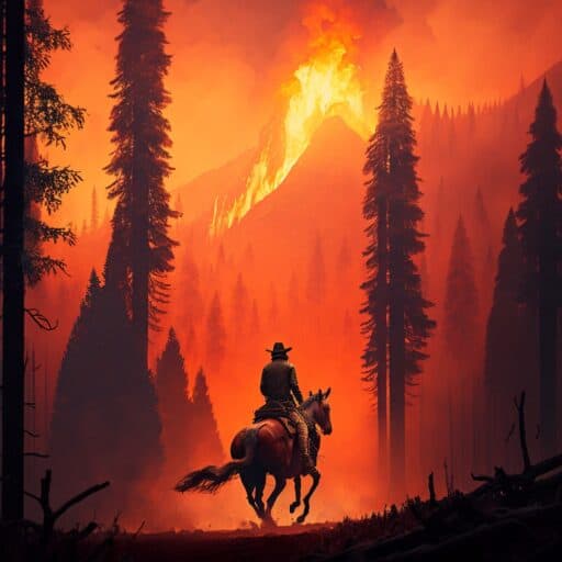 Man riding horse into wildfire
