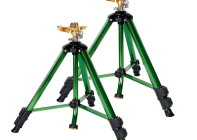 Adjustable green tripod with mounted water sprinklers, designed for wildfire prevention.