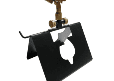 Wire frame wildfire sprinkler mounting bracket with control valve and nozzle, designed for roof and ground installation. Suitable for wildfire protection systems by Wildfire Watchdog in Bend, Oregon.