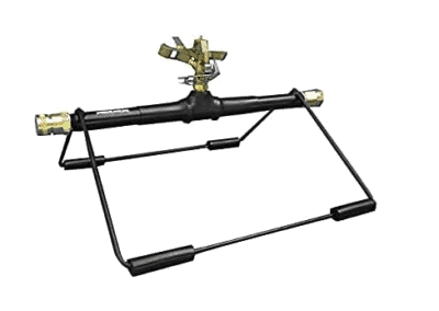 High-angle view of a wildfire sprinkler system with roof and ground nozzles, mounted on a black metal frame, set against a plain white background.