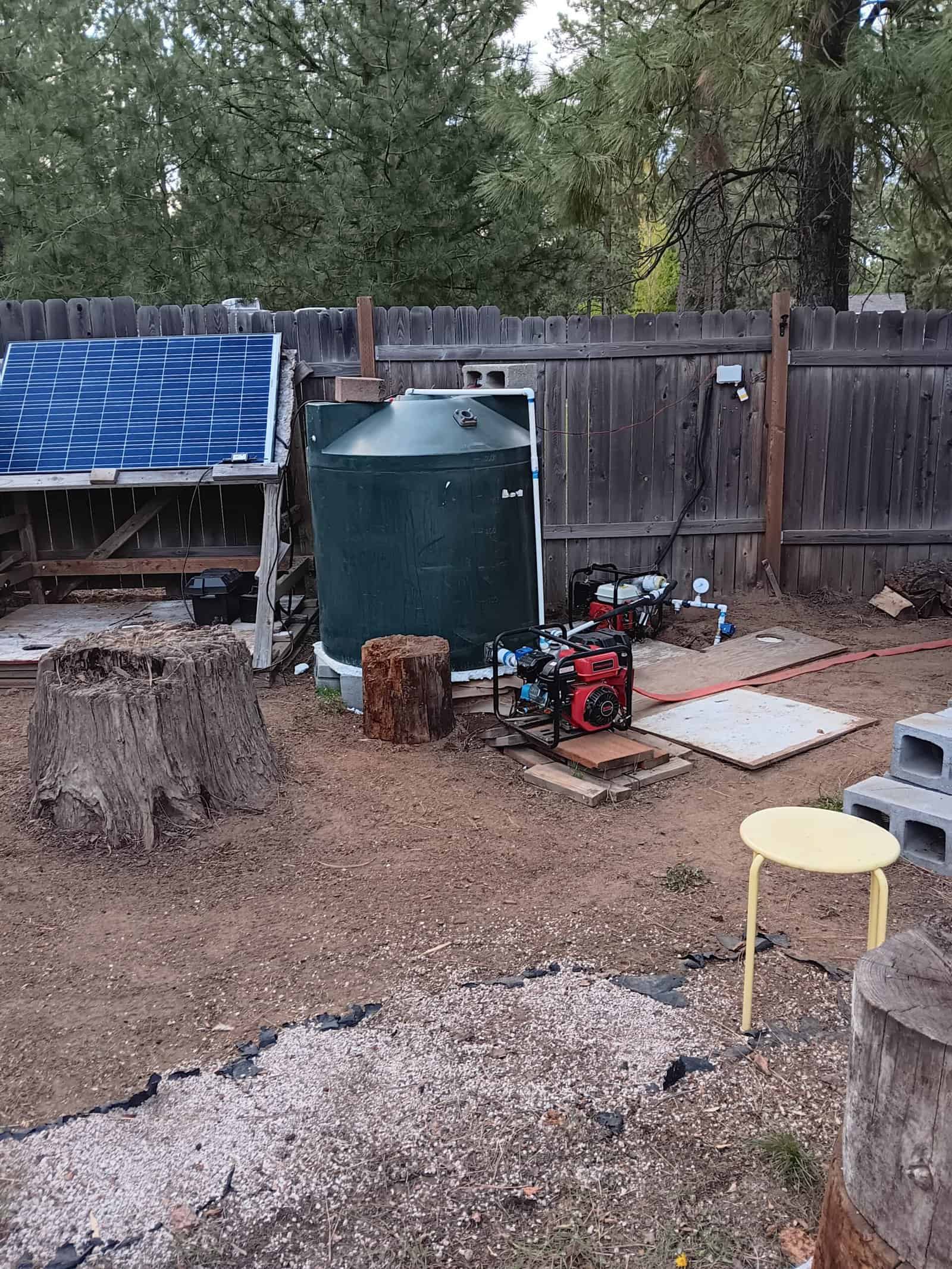 Complete Wildfire Watchdog system: water tank, twin pumps, and solar power