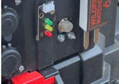 Intricate wildfire detection and sprinkler system control panel with indicator lights and remote monitoring access, installed for wildfire safety in Bend, Oregon by Wildfire Watchdog.