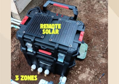 Solar-powered remote fire sprinkler control system installed in Bend, Oregon, featuring roof, eave, and ground sprinklers with ESP32/ESP8266 controllers, enabling whole-property wildfire protection and remote monitoring.