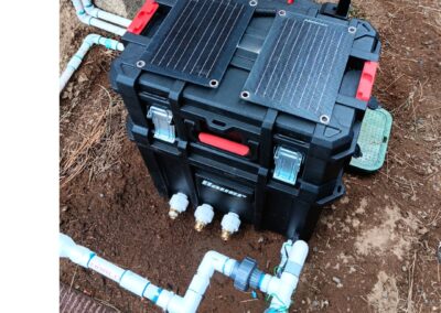 Automated wildfire sprinkler system controller with roof, eave, and ground sprinklers for safety in Bend, Oregon, by Wildfire Watchdog, featuring ESP32/ESP8266 controllers and remote monitoring via TagoIO.
