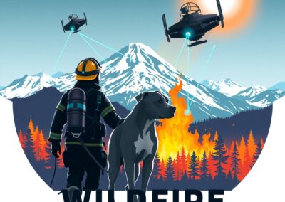 Wildfire Watchdog logo with automated sprinkler system and drone monitoring in mountain forest setting in Central Oregon.
