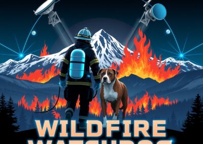 Firefighter with dog in front of burning wildfire mountain scene, wildfire detection system, central Oregon, wildfirewatchdog.com.
