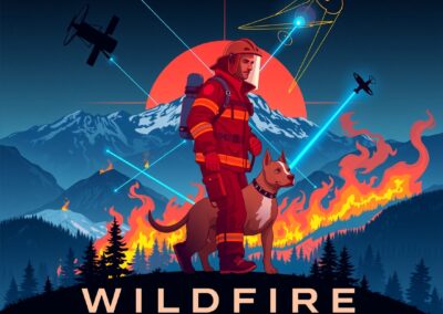 Firefighter and dog monitoring wildfire detection systems in forest area.