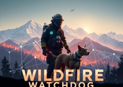 Wildfire watchdog wildlife firefighter in central Oregon mountain landscape with dog and digital network overlay.