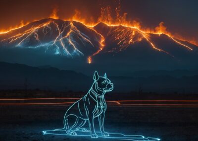 Bright neon-lit dog silhouette sitting on ground with erupting volcano in background, showcasing a futuristic scene illustrating wildfire detection and protection.