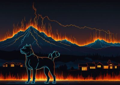 Lightning storm over erupting volcano with silhouette of dogs and homes.