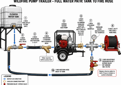 Wildfire pump trailer system with tank, hoses, and pump in Bend, Oregon - Wildfire Watchdog.